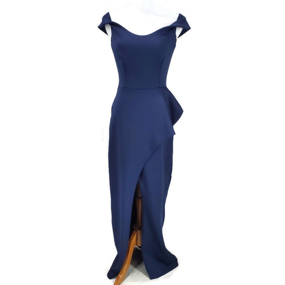 Black Halo Midnight Padma Gown Slit Front Navy Dress with Ruffle Wedding Formal - Picture 4 of 14